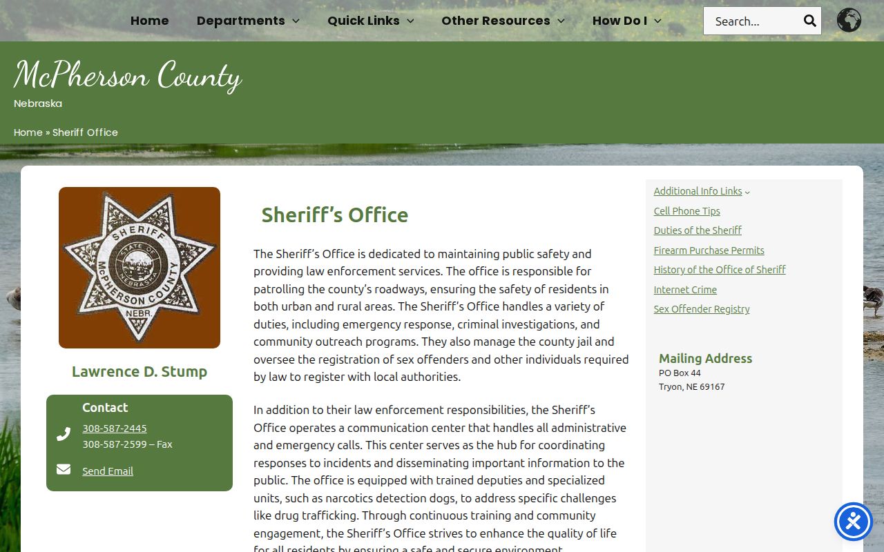 McPherson County Sheriff's Office page with official office information